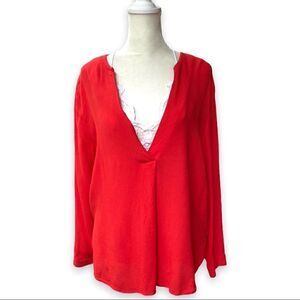 ANTHROPOLOGIE Bishop + Young Red Deep Placket Chiffon Sheer Long Sleeve Blouse S